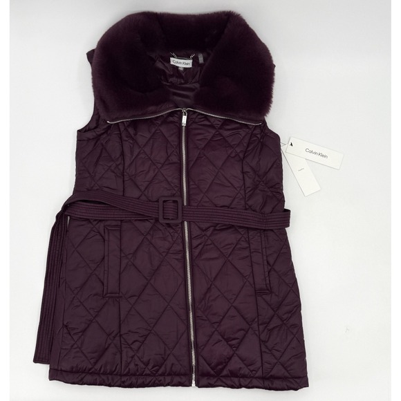 Calvin Klein Jackets & Blazers - New Calvin Klein Vest Womens XS Aubergine Quilted Faux Fur Collar Pockets